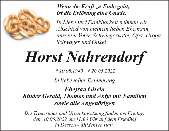 Traueranzeige von Horst Nahrendorf von Trauerkombi Dessau