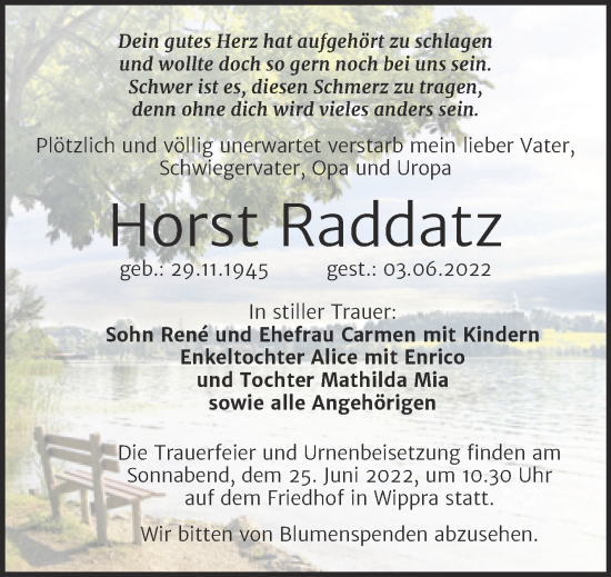 Traueranzeige von Horst Raddatz von Mitteldeutsche Zeitung Mansfelder Land