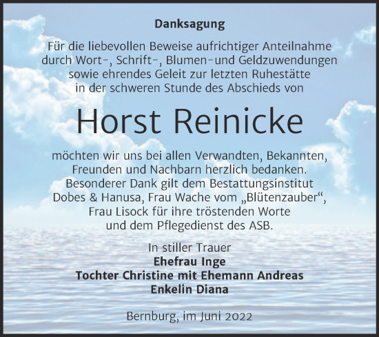 Traueranzeige von Horst Reinicke von Trauerkombi Bernburg