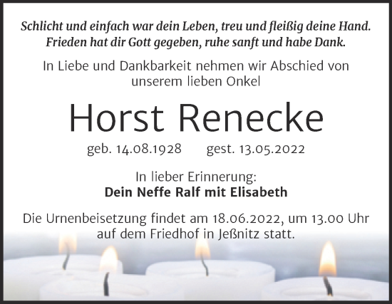 Traueranzeige von Horst Renecke von Trauerkombi Bitterfeld
