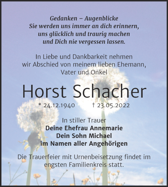 Traueranzeige von Horst Schacher von Trauerkombi Bitterfeld