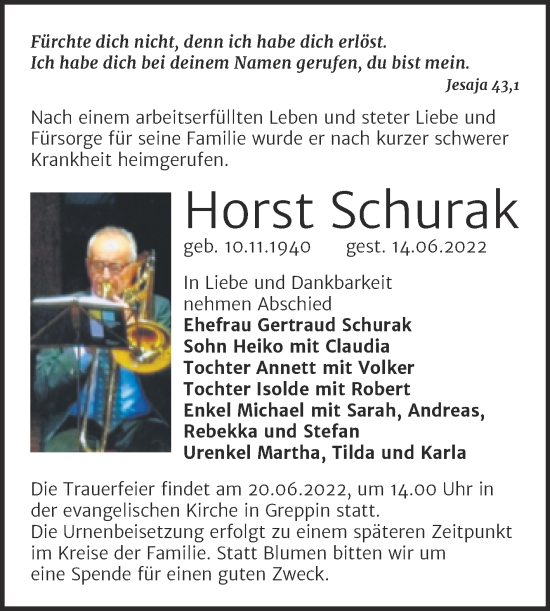 Traueranzeige von Horst Schurak von Trauerkombi Bitterfeld
