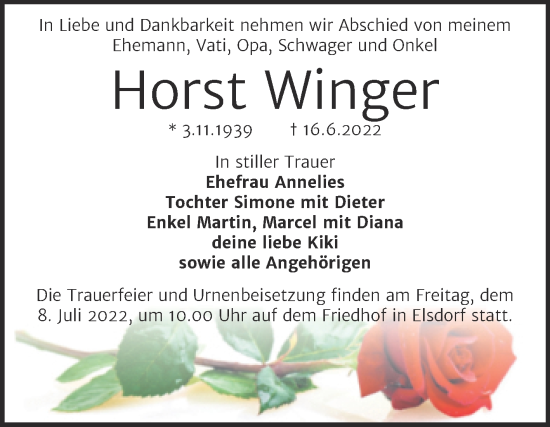 Traueranzeige von Horst Winger von Trauerkombi Köthen