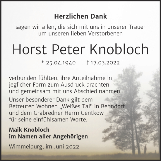 Traueranzeige von Horst Peter Knobloch von Trauerkombi Mansfelder Land