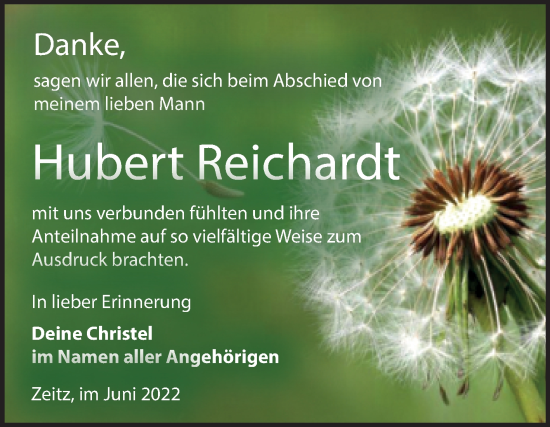 Traueranzeige von Hubert Reichardt von Trauerkombi Zeitz