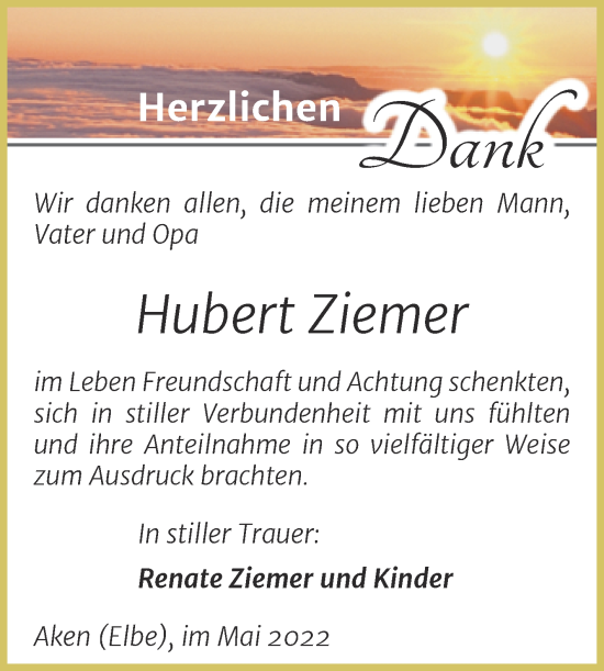 Traueranzeige von Hubert Ziemer von Trauerkombi Köthen