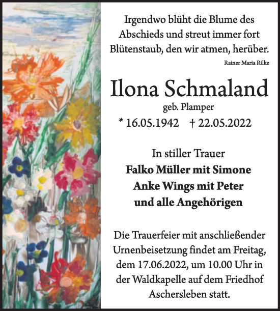 Traueranzeige von Ilona Schmaland von Trauerkombi Aschersleben