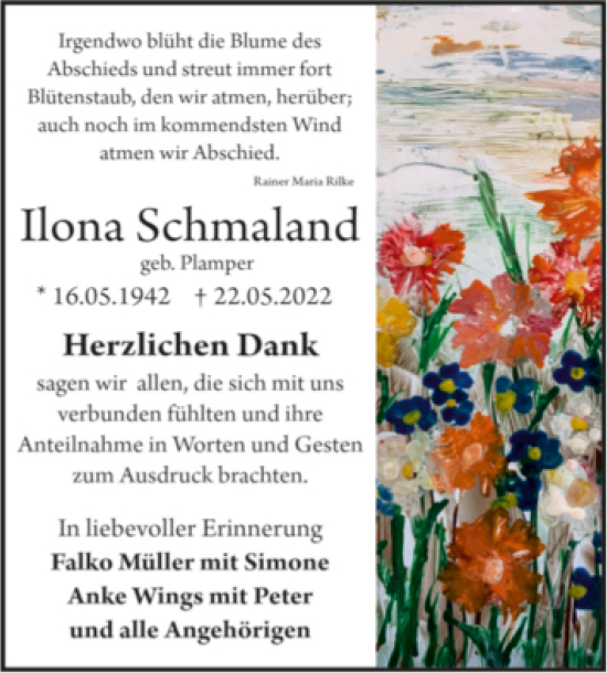 Traueranzeige von Ilona Schmaland von Trauerkombi Aschersleben