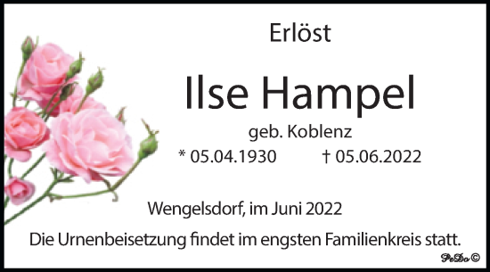 Traueranzeige von Ilse Hampel von Trauerkombi Weißenfels