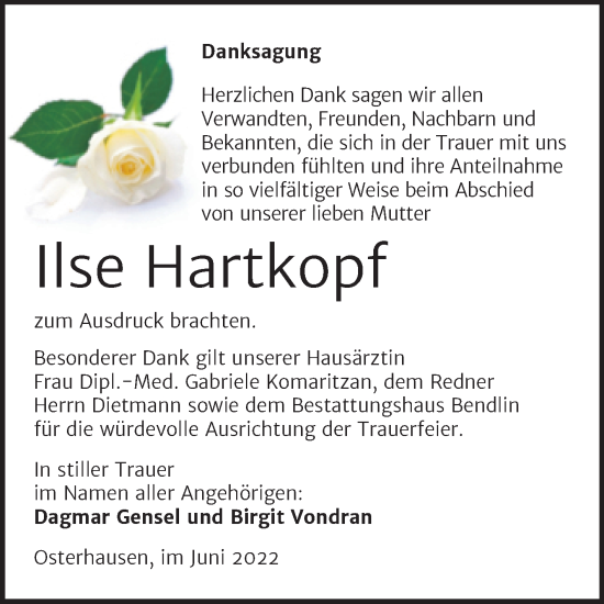 Traueranzeige von Ilse Hartkopf von Trauerkombi Mansfelder Land