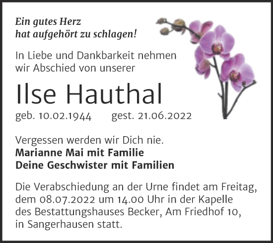 Traueranzeige von Ilse Hauthal von Trauerkombi Sangerhausen