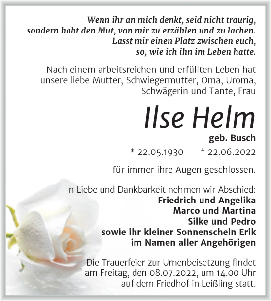 Traueranzeige von Ilse Helm von Trauerkombi Weißenfels