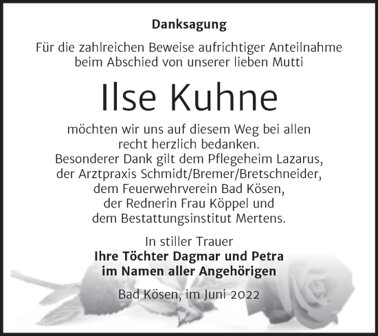 Traueranzeige von Ilse Kuhne von Wochenspiegel Naumburg/Nebra
