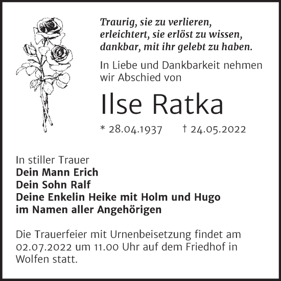 Traueranzeige von Ilse Ratka von Trauerkombi Bitterfeld