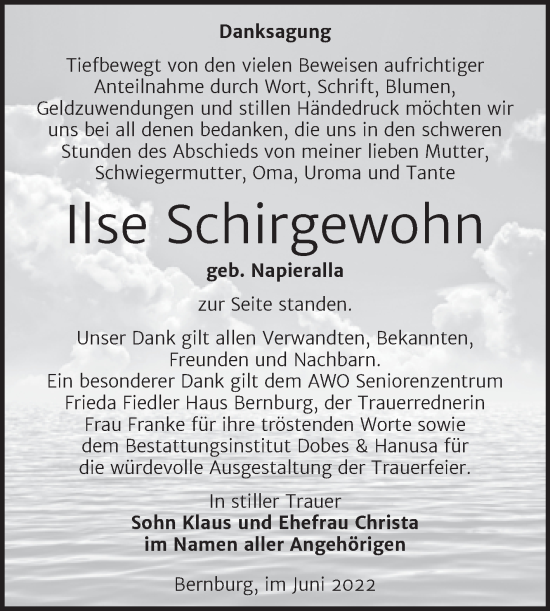 Traueranzeige von Ilse Schirgewohn von Trauerkombi Bernburg