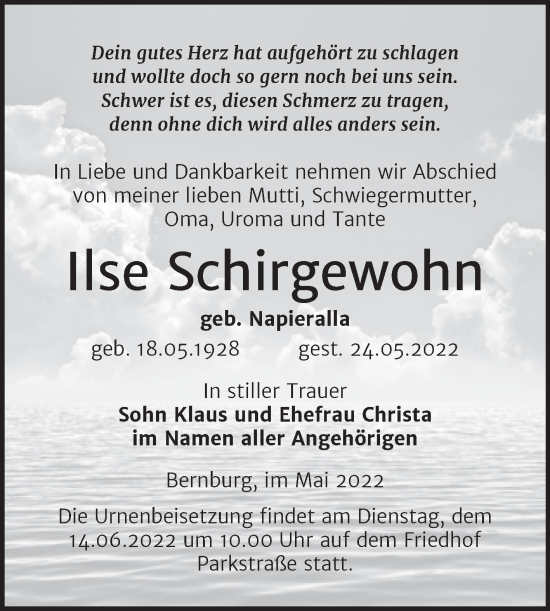 Traueranzeige von Ilse Schirgewohn von Trauerkombi Bernburg