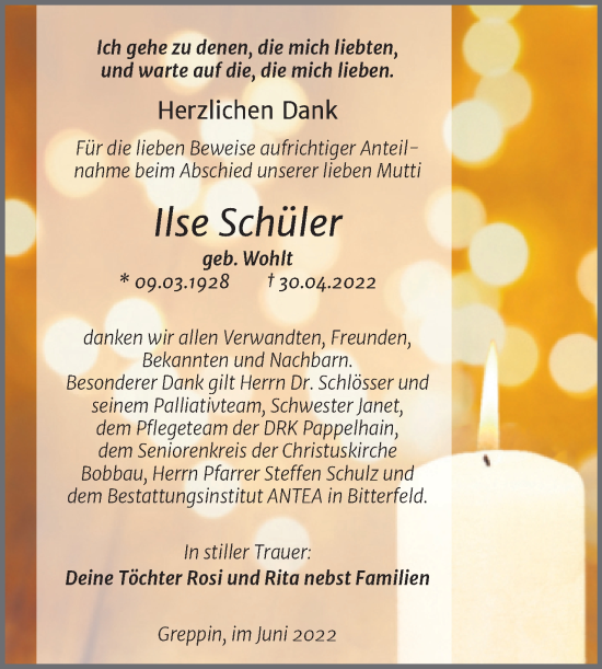 Traueranzeige von Ilse Schüler von Trauerkombi Bitterfeld