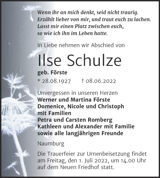Traueranzeige von Ilse Schulze von Wochenspiegel Naumburg/Nebra