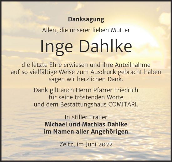 Traueranzeige von Inge Dahlke von Trauerkombi Zeitz
