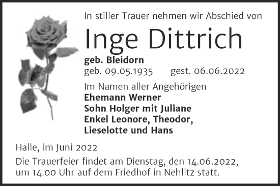 Traueranzeige von Inge Dittrich von Mitteldeutsche Zeitung Halle/Saalkreis