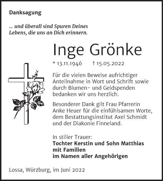 Traueranzeige von Inge Grönke von Wochenspiegel Naumburg/Nebra