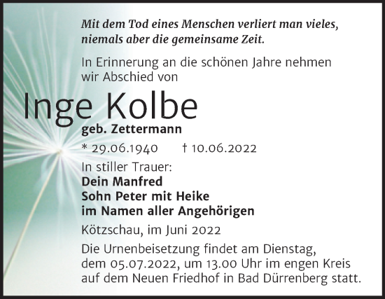 Traueranzeige von Inge Kolbe von Trauerkombi Merseburg