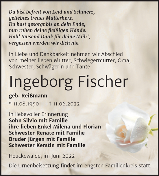 Traueranzeige von Ingeborg Fischer von Trauerkombi Zeitz