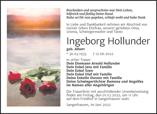 Traueranzeige von Ingeborg Hollunder von Trauerkombi Sangerhausen