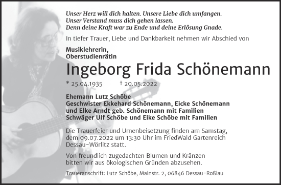 Traueranzeige von Ingeborg Frida Schönemann von Trauerkombi Dessau
