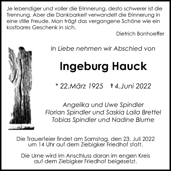 Traueranzeige von Ingeburg Hauck von Trauerkombi Dessau