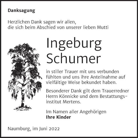 Traueranzeige von Ingeburg Schumer von Wochenspiegel Naumburg/Nebra