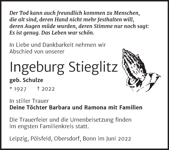 Traueranzeige von Ingeburg Stieglitz von Trauerkombi Sangerhausen