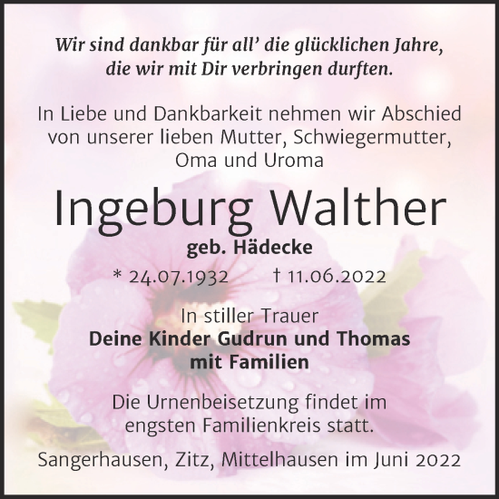 Traueranzeige von Ingeburg Walther von Trauerkombi Sangerhausen