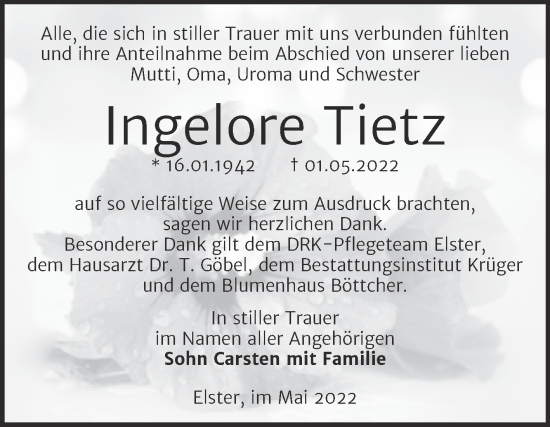 Traueranzeige von Ingelore Tietz von Trauerkombi Wittenberg