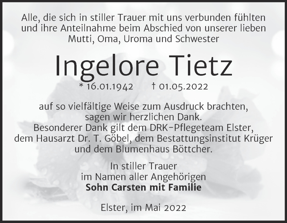  Traueranzeige für Ingelore Tietz vom 04.06.2022 aus Trauerkombi Wittenberg