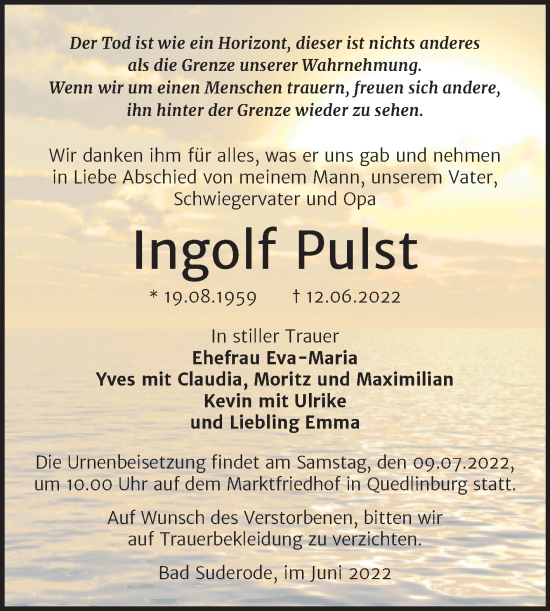 Traueranzeige von Ingolf Pulst von Trauerkombi Quedlinburg