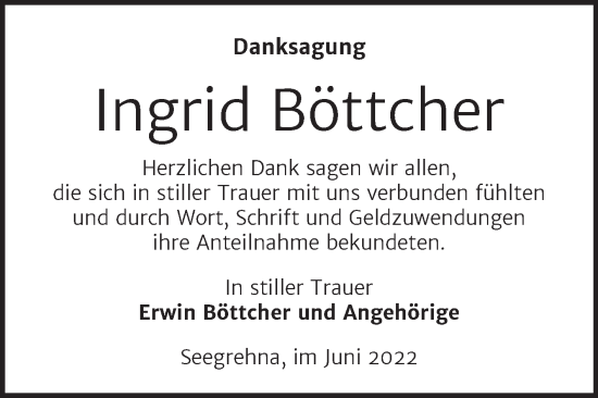 Traueranzeige von Ingrid Böttcher von Trauerkombi Wittenberg