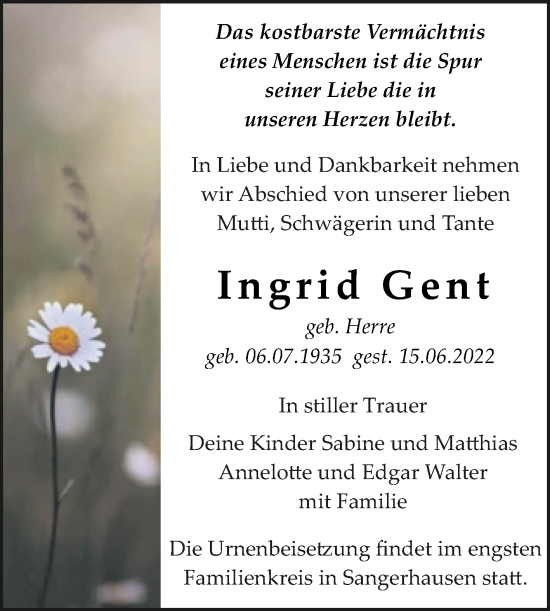 Traueranzeige von Ingrid Gent von Mitteldeutsche Zeitung Sangerhausen