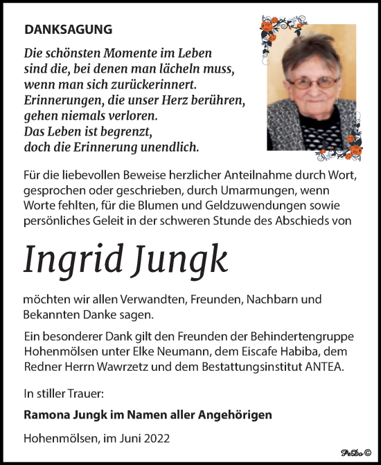 Traueranzeige von Ingrid Jungk von Trauerkombi Weißenfels