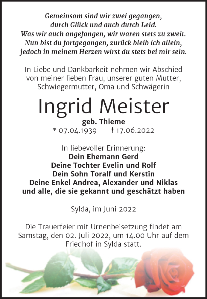  Traueranzeige für Ingrid Meister vom 25.06.2022 aus Trauerkombi Mansfelder Land