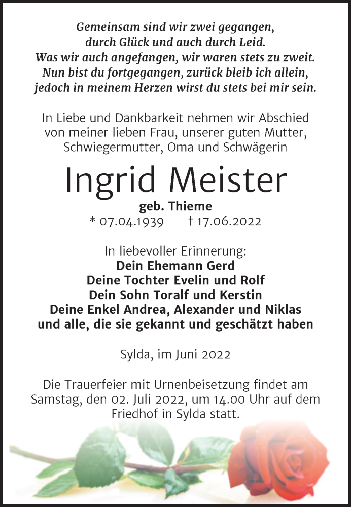  Traueranzeige für Ingrid Meister vom 22.06.2022 aus Trauerkombi Mansfelder Land