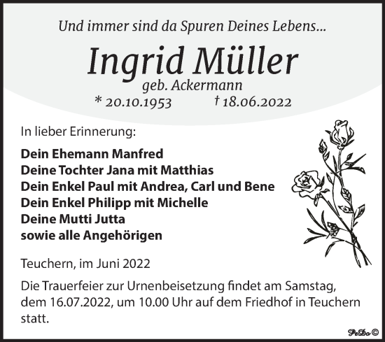 Traueranzeige von Ingrid Müller von Trauerkombi Weißenfels