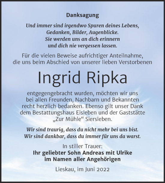 Traueranzeige von Ingrid Ripka von Trauerkombi Mansfelder Land