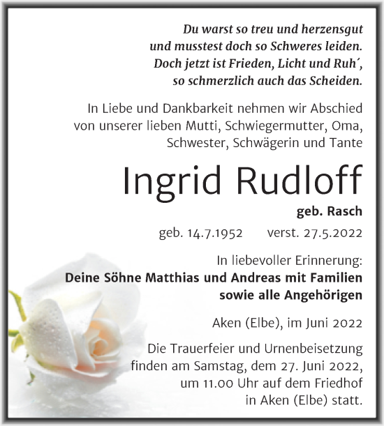 Traueranzeige von Ingrid Rudloff von Trauerkombi Köthen