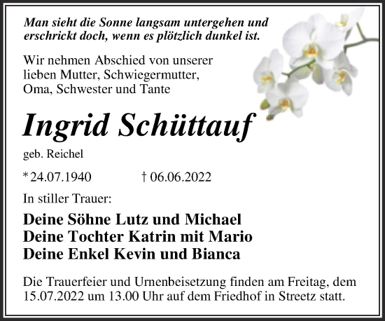 Traueranzeige von Ingrid Schüttauf von Trauerkombi Dessau