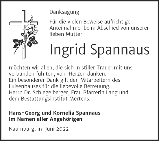 Traueranzeige von Ingrid Spannaus von Naumburger Tageblatt