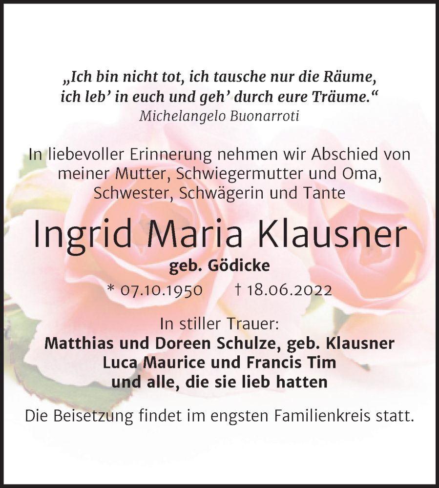  Traueranzeige für Ingrid Maria Klausner vom 30.06.2022 aus Trauerkombi Sangerhausen