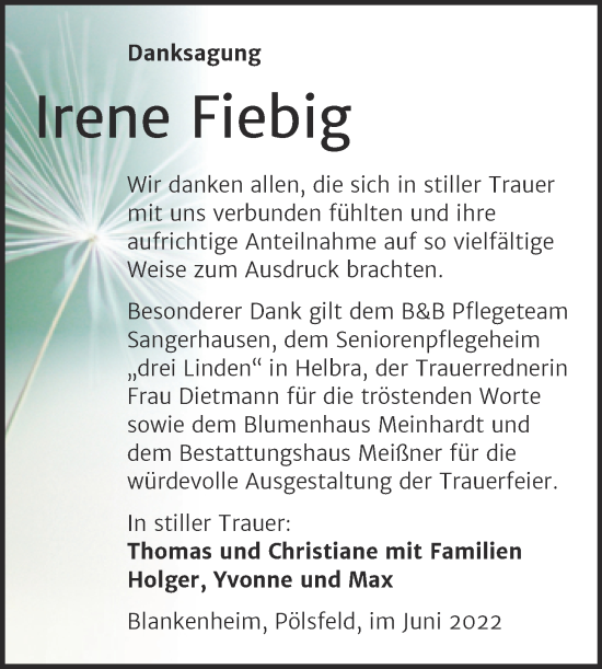 Traueranzeige von Irene Fiebig von Trauerkombi Sangerhausen