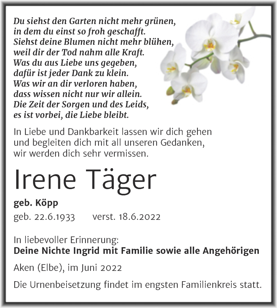  Traueranzeige für Irene Täger vom 22.06.2022 aus Trauerkombi Köthen