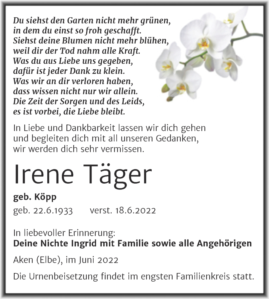  Traueranzeige für Irene Täger vom 25.06.2022 aus Trauerkombi Köthen